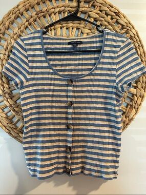 American Eagle Women's Striped Knit Button-Up Blue White Yellow M